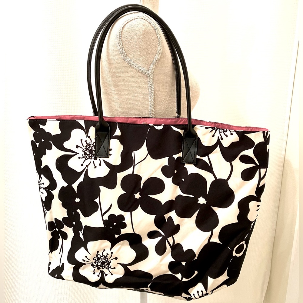 Black and cream floral print tote bag, big with bright pink lining